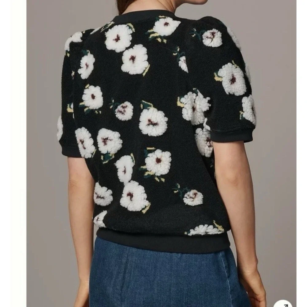 By Anthropologie NWT Medium Sherpa‎ Fleece Flowers Sweater Top Puff Sleeves